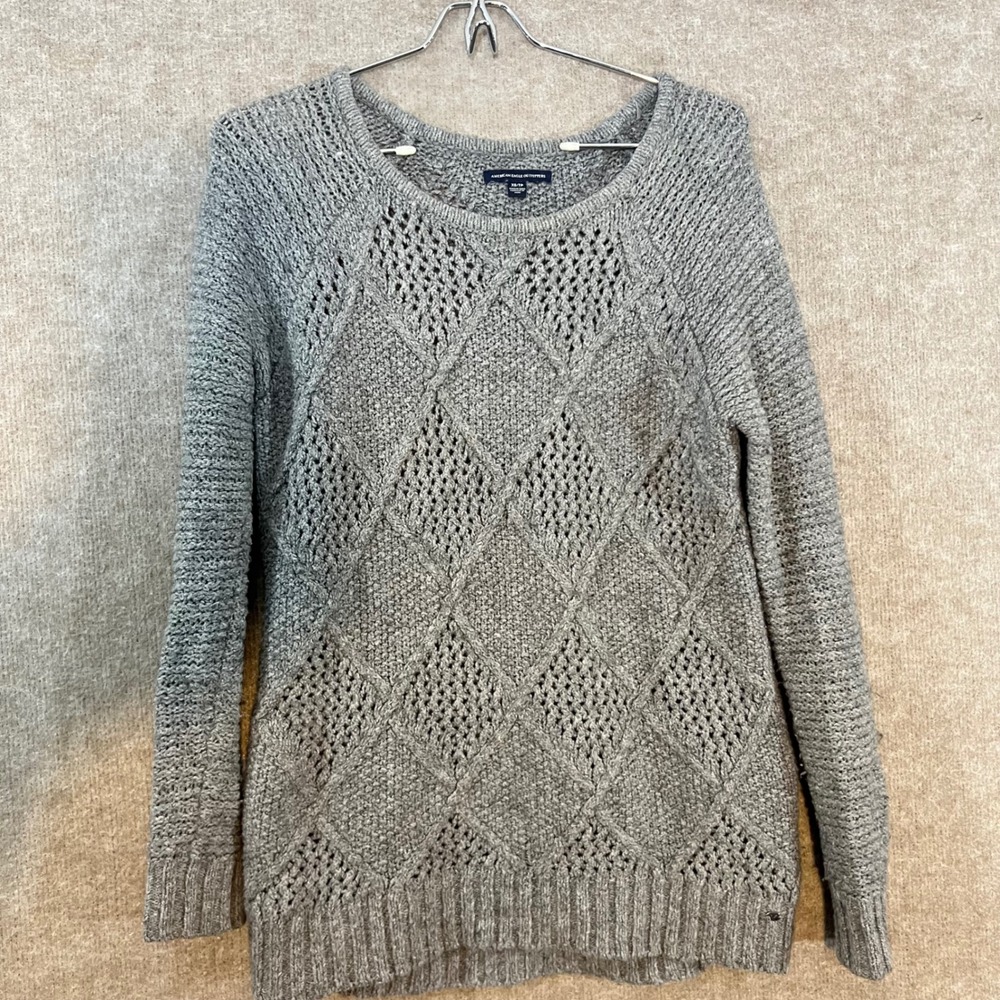 American Eagle Outfitters Sweater Womens XS Gray Diamond Pointelle Knit Preppy